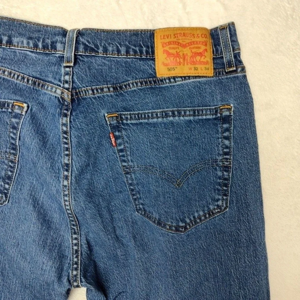 Levis 505 Jeans Mens 32x34 Blue Straight Medium Wash Stretch 5-Pocket Denim